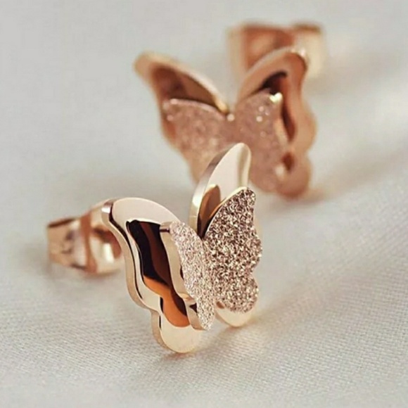Rose gold stainless steel butterfly earrings. - Picture 2 of 5